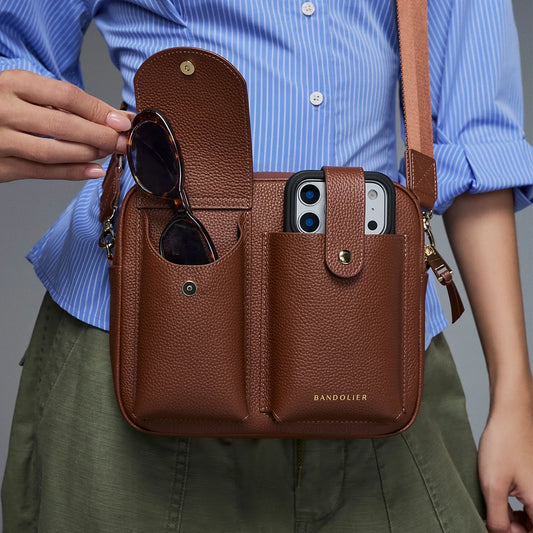 Dillon Dual Pocket Crossbody Bag - Cognac/Gold