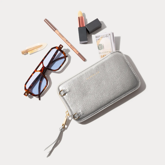 Pebble Leather Expanded Zip Pouch - Metallic Silver/Gold
