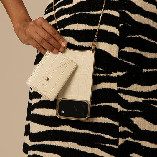 Remi Chrome Magnet Wallet Crossbody Phone Case - Ivory Croc/Gold