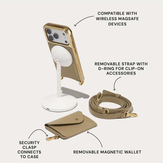 Remi Magnet Wallet Crossbody Phone Case Pouch Set - Khaki/Chrome Gold