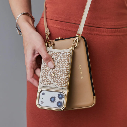 Mira Chrome Magnet Duet Crossbody Phone Case Pouch Set - Ivory Tan/Chrome Gold