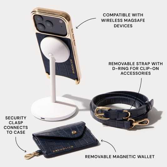Remi Magnet Wallet Crossbody Phone Case Pouch Set - Navy Croc/Gold