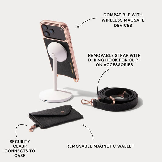Remi Magnet Wallet Crossbody Phone Case Pouch Set - Black/Chrome Rose Gold
