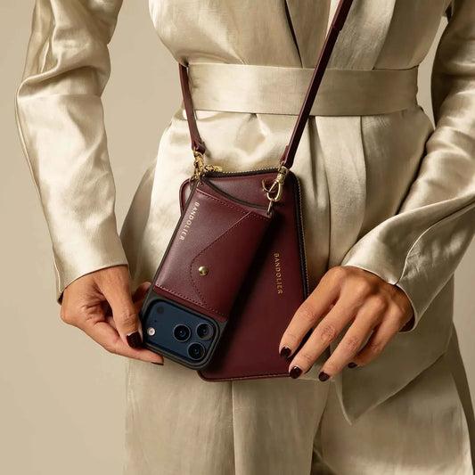 Smooth Leather Expanded Zip Pouch - Wine/Gold