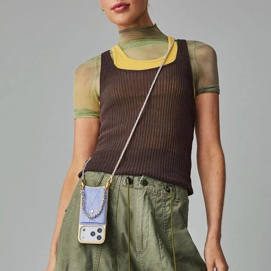 Lily Chrome Side Slot Leather Crossbody Bandolier Set - Lavender Croc/Chrome Gold