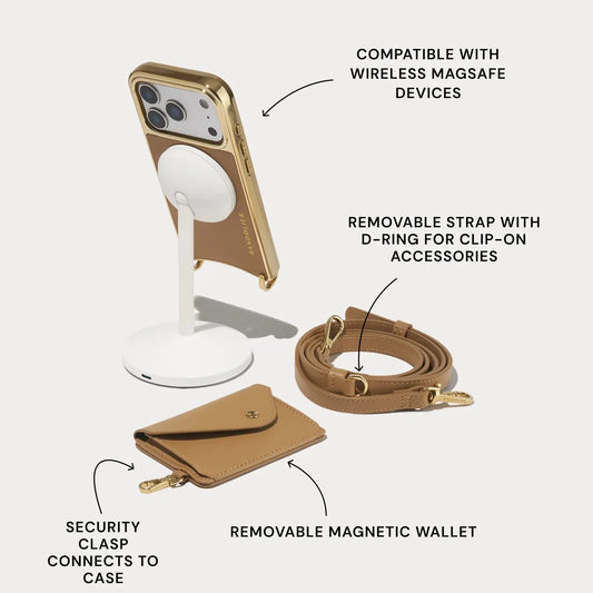 Remi Magnet Wallet Crossbody Phone Case Pouch Set - Tan/Chrome Gold