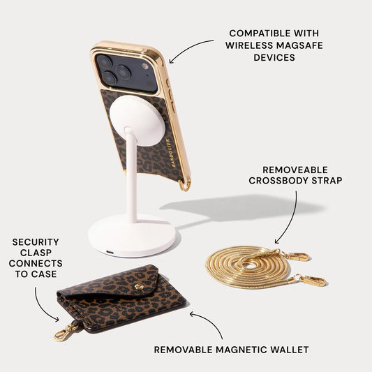 Remi Magnet Wallet Crossbody Phone Case Pouch Set - Dark Leopard/Gold