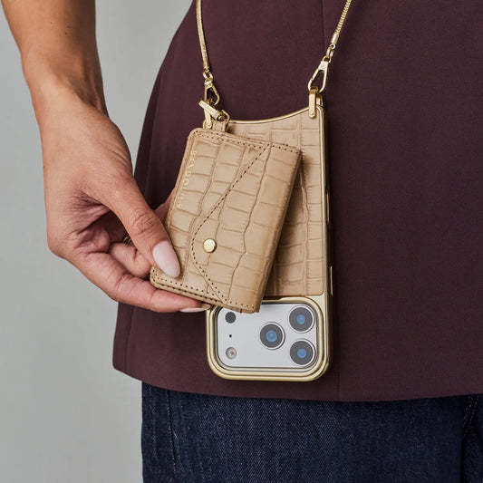 Remi Chain Chrome Magnet Wallet Crossbody Phone Case - Tan Croc/Chrome Gold