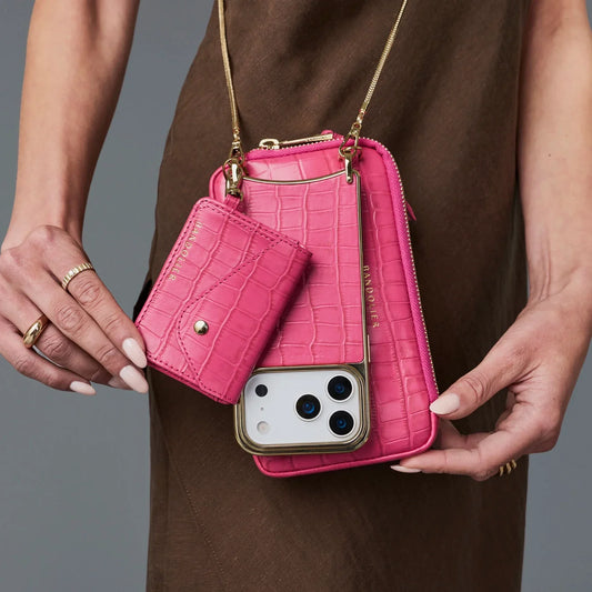 Remi Magnet Wallet Crossbody Phone Case Pouch Set - Magenta Croc/Chrome Gold