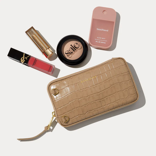 Remi Magnet Wallet Crossbody Phone Case Pouch Set - Tan Croc/Chrome Gold