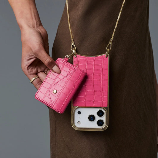 Remi Chain Chrome Magnet Wallet Crossbody Phone Case - Magenta Croc/Chrome Gold