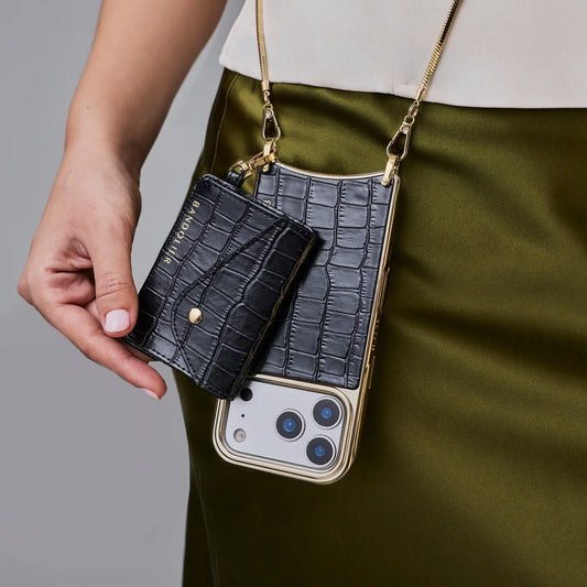 Remi Chain Magnet Wallet Crossbody Phone Case - Black Croc Chrome/Gold