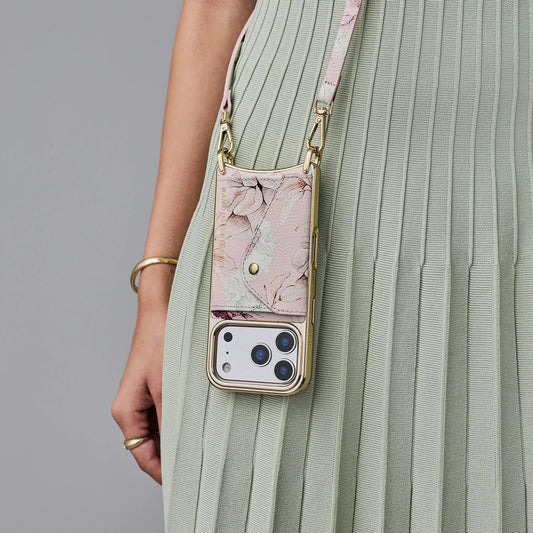 Donna Chrome Crossbody Phone Case - Ceci Pink Floral/Chrome Gold